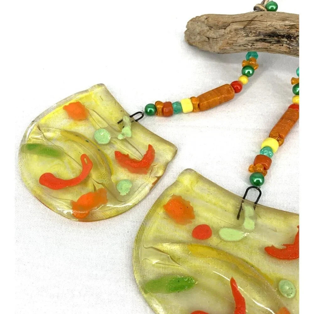 Fused Glass Wind Chime Driftwood Handcrafted Yellow Orange Yard Porch Decor 14